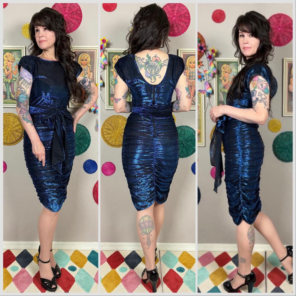 Vintage 1980s Metallic Blue Lurex Ruched Mini Disco Dress - Picture 3 of 6